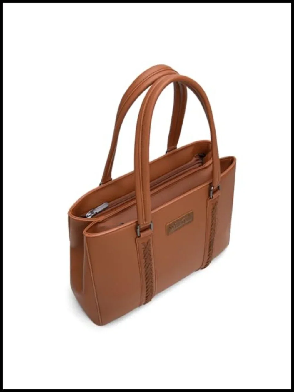 Faux Leather Whipstitch Tote Bag Double Compartment Laptop Purse Women